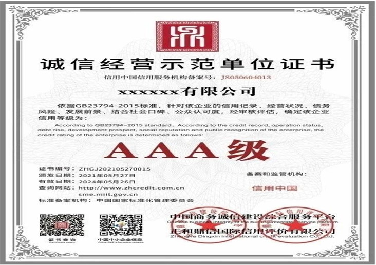 诚信经营示范单位证书